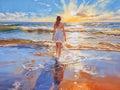 Back view of a woman in a summer dress walking into the waves of the Baltic Sea. Summery atmosphere