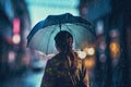 Back view of woman with umbrella in rain shower. Generate ai Royalty Free Stock Photo