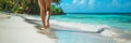 Back view of woman walking on the beach leaving footprints in white sand. Tropical scenery, azure sea and palm trees. Exotic Royalty Free Stock Photo