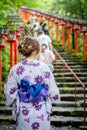 Back view of woman wearing Japanese yukata summer kimono Royalty Free Stock Photo