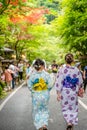 Back view of woman wearing Japanese yukata summer kimono