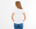 Back view: woman in white t-shirt mock up isolated, t shirt female, blank tshirt