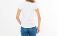 Back view: woman in white t-shirt mock up isolated, t shirt female, blank tshirt