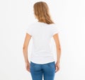 Back view: woman in white t-shirt mock up isolated, t shirt female, blank tshirt