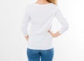 Back view: woman in white t-shirt mock up isolated, t shirt female, blank tshirt