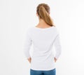 Back view: woman in white t-shirt mock up isolated, t shirt female, blank tshirt