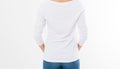 Back view: woman in white t-shirt mock up isolated, t shirt female, blank tshirt