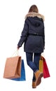 Back view of a woman in a winter jacket that comes with paper shopping bags Royalty Free Stock Photo