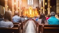 Back View of Worshippers Deep in Prayer within the Sacred Space of a Church. Generative AI