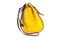 Back view on yellow Leather nubuk pouch bag. Shoulder bag for women with long strap on white background