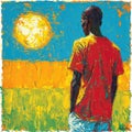 Back view of young African man, football player standing and looking on blue sky on sunny day. Colorful image. Drawing. Royalty Free Stock Photo