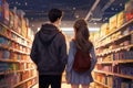 Back view of young Asian couple shopping in supermarket. This is a 3d render illustration, Illustrate a rear view of a young