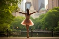 Back view of young ballerina dancer standing in park on bridge nearly lake and skyscrapers. Generative AI Royalty Free Stock Photo