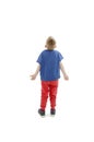 Back view of young boy confusing. Shocked little boy with hands up. Royalty Free Stock Photo