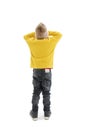 Back view of young boy confusing. Shocked little boy with hands on head. Noise, stress and people concept
