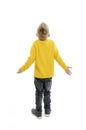 Back view of young boy confusing. Shocked little boy with hands up. Royalty Free Stock Photo