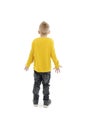 Back view of young boy confusing. Shocked little boy with hands up. Royalty Free Stock Photo