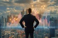 Back view of businessman looking at creative growing forex chart on blurry city background. Trade, finance and stock concept Royalty Free Stock Photo