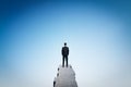 Back view of businessman standing on edge and looking at bright blue city sky with mock up place. Future, success, think and Royalty Free Stock Photo