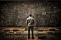 Back view of a young businessman standing in front of a blackboard with formulas drawn on it