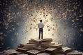 Back view of young businessman standing on pile of books and looking at flying paper planes, A man standing on an open book. Royalty Free Stock Photo