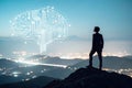 Businessman on mountain top with AI brain interface