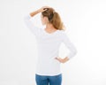 Back view of young caucasian, europian woman, girl in blank white t-shirt. t shirt design and people concept. Shirts front views