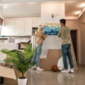 Back view of young couple hanging picture on wall