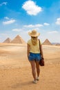 Back view of the young female with beautiful blond hairs. Back view portrait of a single woman watching the Great Pyramids of Giza Royalty Free Stock Photo