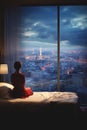 back view of young female wake up at luxury hotel room or apartment, woman by panoramic window, city and skyscrapers