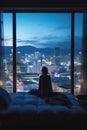 back view of young female wake up at luxury hotel room or apartment, woman by panoramic window, city and skyscrapers