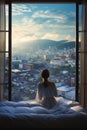 back view of young female wake up at luxury hotel room or apartment, woman by panoramic window, city and skyscrapers