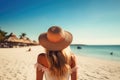 Back view young happiness traveller woman standing on beautiful sandy beach, ai generated