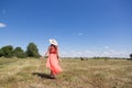 Back view of young happy woman in red summer dress and straw hat standing on yellow farm meadow Royalty Free Stock Photo