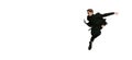 Back view of young male dancer in black business suit jumping isolated on white background. Art, motion, action Royalty Free Stock Photo