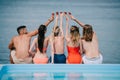 back view of young male and female friends clinking glasses of champagne while sitting near pool Royalty Free Stock Photo