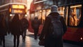 Back view of young man with backpack standing in front of public transport Royalty Free Stock Photo