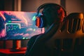 A young man with headphones sits at his computer desk, immersed in the video game world. Generative AI Royalty Free Stock Photo