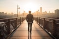 Back view of young man pensively walking along iron footbridge. Generative AI