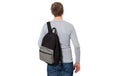 Back view. Young man wearing blank long sleeve t-shirt and backpack isolated on white background. Copy space. P Royalty Free Stock Photo