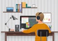 Back view of young man wearing headphones sitting at thew desk vector illustration. Teenager using PC in the own room. Royalty Free Stock Photo