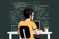 Back view of young programmer concentrated at working project. Generative AI Royalty Free Stock Photo