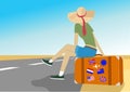 Back view of young traveler woman in hat sits on suitcase on highway