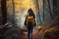 Back view of a young woman with backpack walking through autumn forest. Hiking. Generative AI