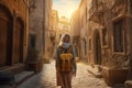 Back view of a young woman with backpack, walking through historical city between old houses. Generative AI Royalty Free Stock Photo