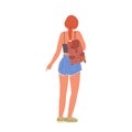 Back view of young woman cartoon character backpacker wearing summer clothes vector illustration