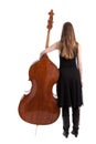 Back view of young woman with double bass