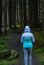 Back view of a young woman hiking in Irish forest. Hiking girl is walking in gloomy mystical and dark forest Royalty Free Stock Photo