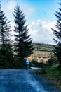 Back view of a young woman hiking in Irish forest. Hiking girl is walking in gloomy mystical and dark forest - thriller scene Royalty Free Stock Photo