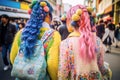 Back view of young woman in Japanese Harajuku street fashion style with bright colored hair and cute clothes